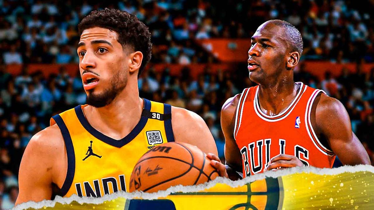 Tyrese Haliburton wearing Pacers uniform, with Michael Jordan in the background.