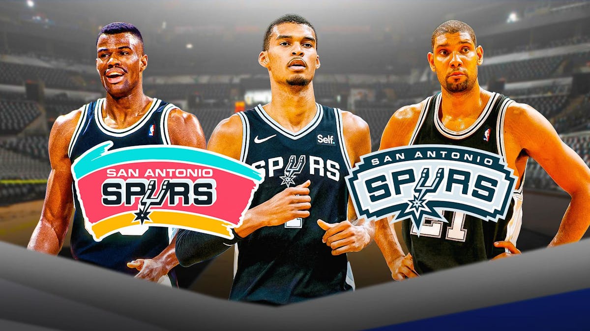 Victor Wembanyama image, Tim Duncan image, David Robinson image, current San Antonio Spurs logo, old San Antonio Spurs "Fiesta" logo