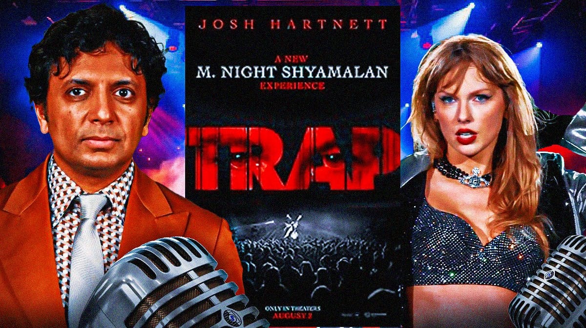 M. Night Shyamalan and Taylor Swift with Trap movie poster and concert background.