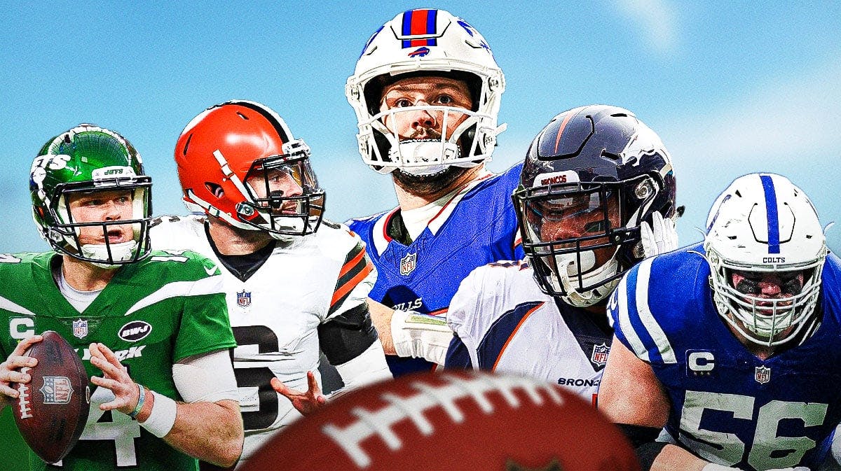 Big pic of Bills QB Josh Allen (in action) with smaller pics of 2018 NFL Draft picks Baker Mayfield, Sam Darnold, Bradley Chubb, Quenton Nelson in front (all in action too)
