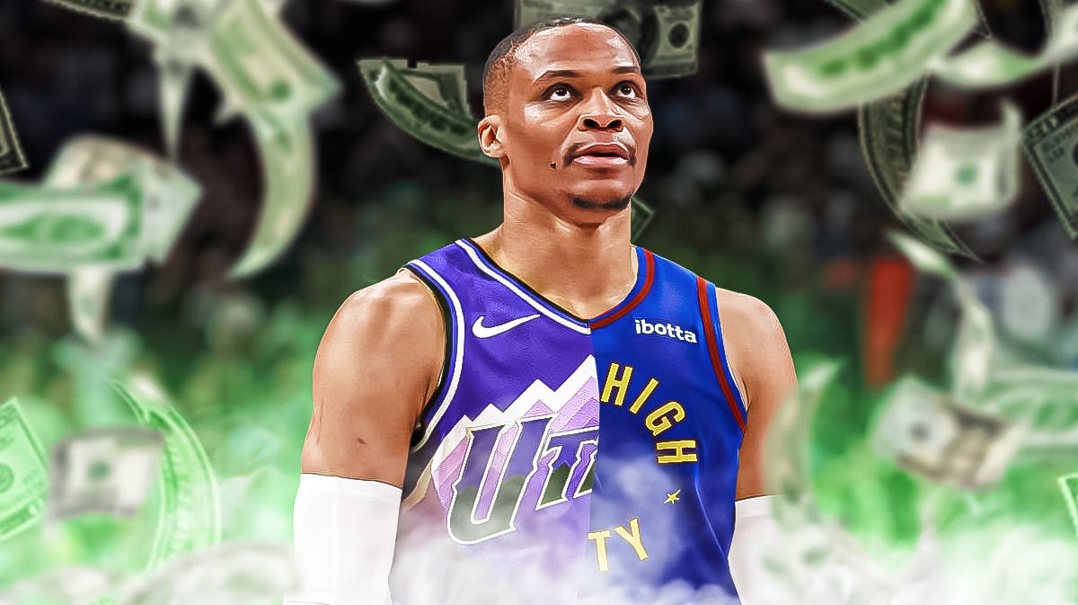 Russell Westbrook in a mixed Jazz/Nuggets jersey with cash falling all around him.