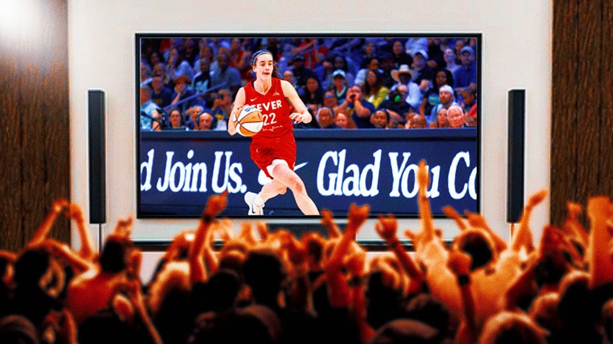 Indiana Fever player Caitlin Clark playing basketball, inside of a television so it looks like a crowd of people are watching an Indiana Fever game on t.v.