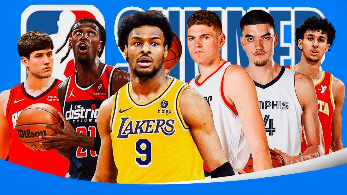 Reed Sheppard, Alex Sarr, Bronny James, Donovan Clingan, Zach Edey, Zaccharie Risacher all together. All of these players preferably with the gear of the team that drafted them. 2024 NBA Summer League logo in front.