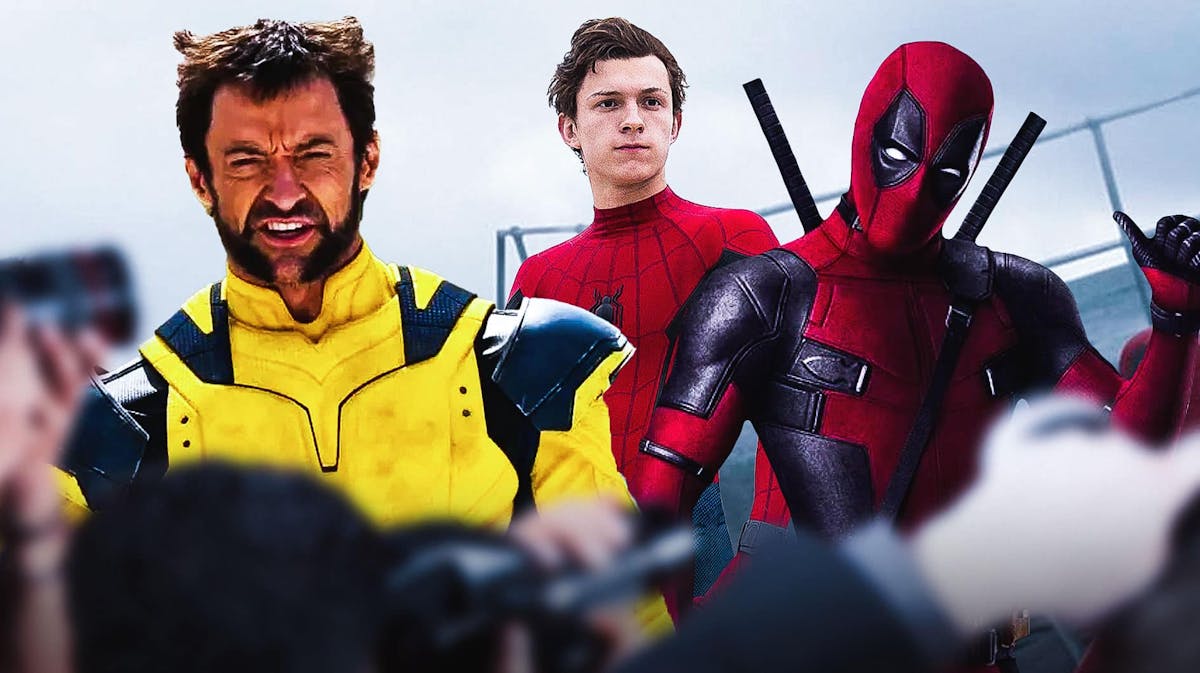 Hugh Jackman as Wolverine and Ryan Reynolds as Deadpool with Tom Holland as Marvel Cinematic Universe Spider-Man in between them.