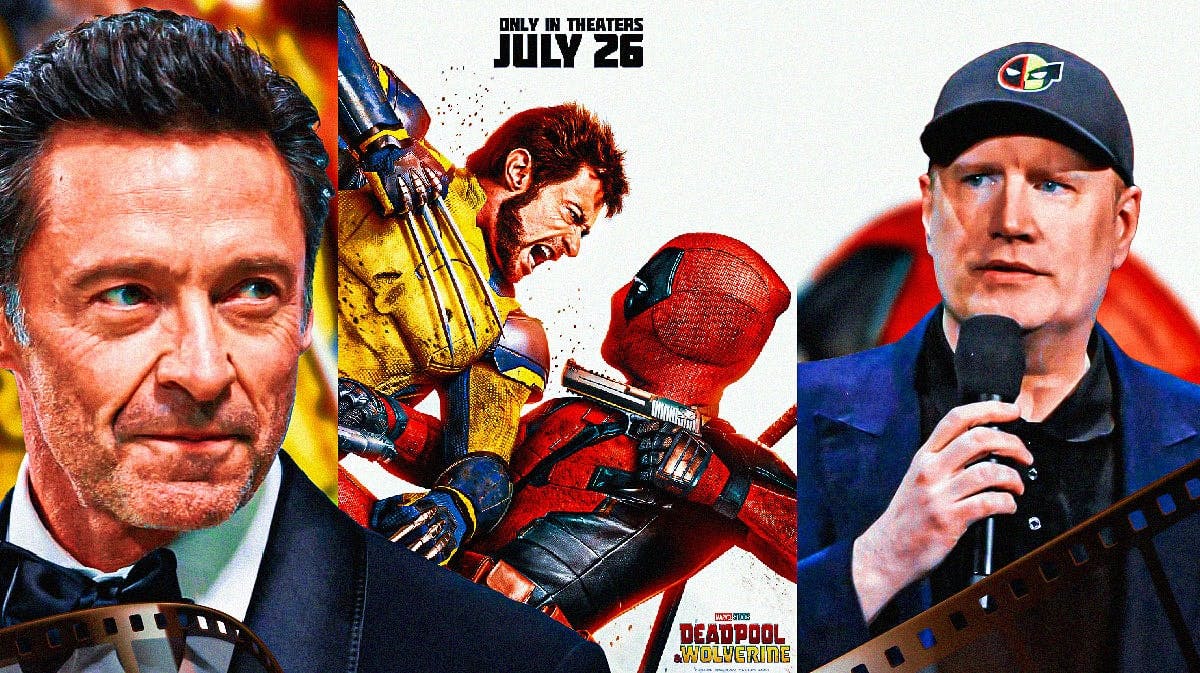 Hugh Jackman, Kevin Feige and a Deadpool and Wolverine poster.