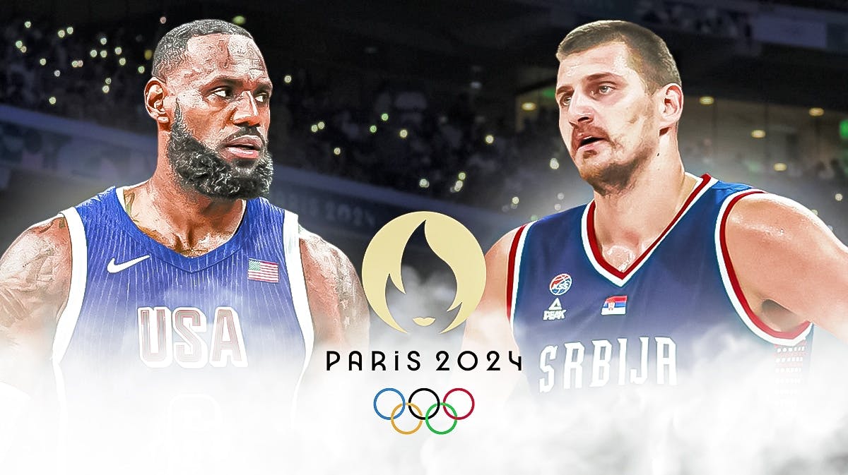 Team USA Men’s Basketball’s LeBron James with Serbia’s Nikola Jokic. There is also a logo for the Olympics.