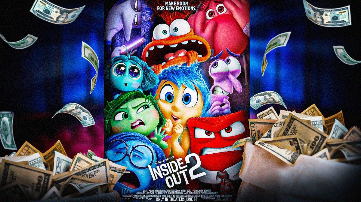 Pixar movie Inside Out 2 poster, which just made $1 billion at 2024 box office with cash around it and movie theater background.