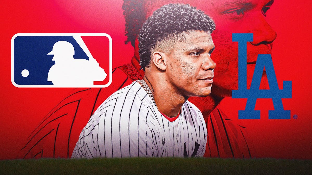 Yankees' Juan Soto stands next to Dodgers logo, Shohei Ohtani, free agency reporters in background