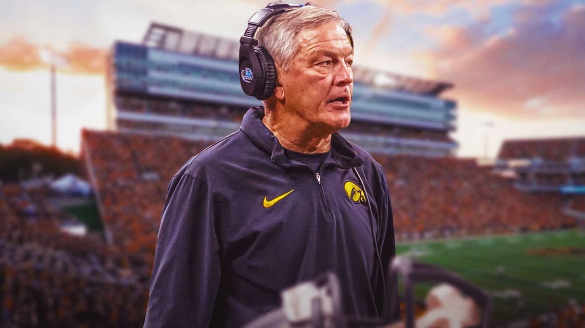 Iowa football, Hawkeyes, 2024 Iowa football, Iowa football predictions, Kirk Ferentz, Kirk Ferentz with Iowa football stadium in the background