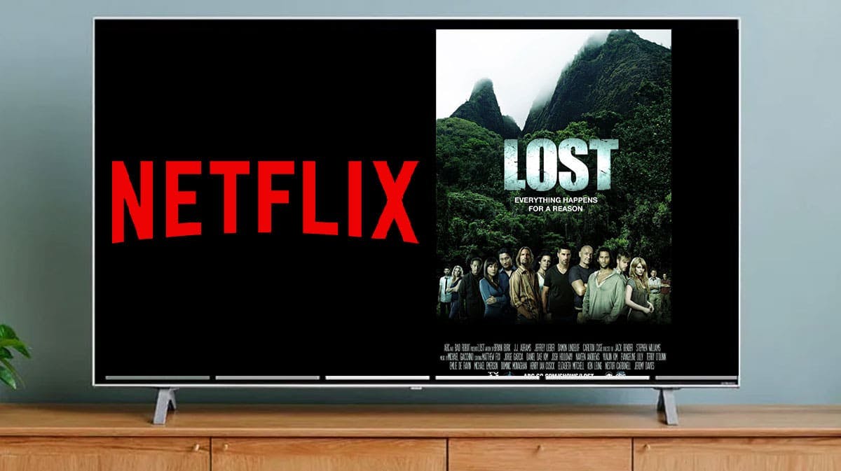 Lost poster and Netflix logo on TV in living room.
