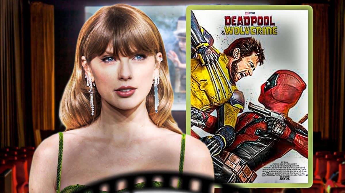 Taylor Swift next to Marvel Cinematic Universe (MCU) movie Deadpool and Wolverine poster.