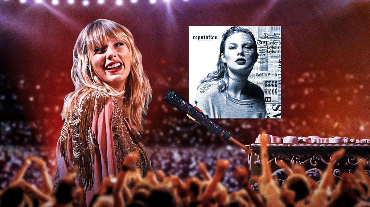 Taylor Swift with piano and Reputation album cover.