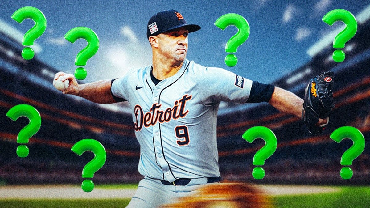 Jack Flaherty in a Detroit Tigers uniform with little green question marks surrounding him as he is likely to be traded at the MLB trade deadline.