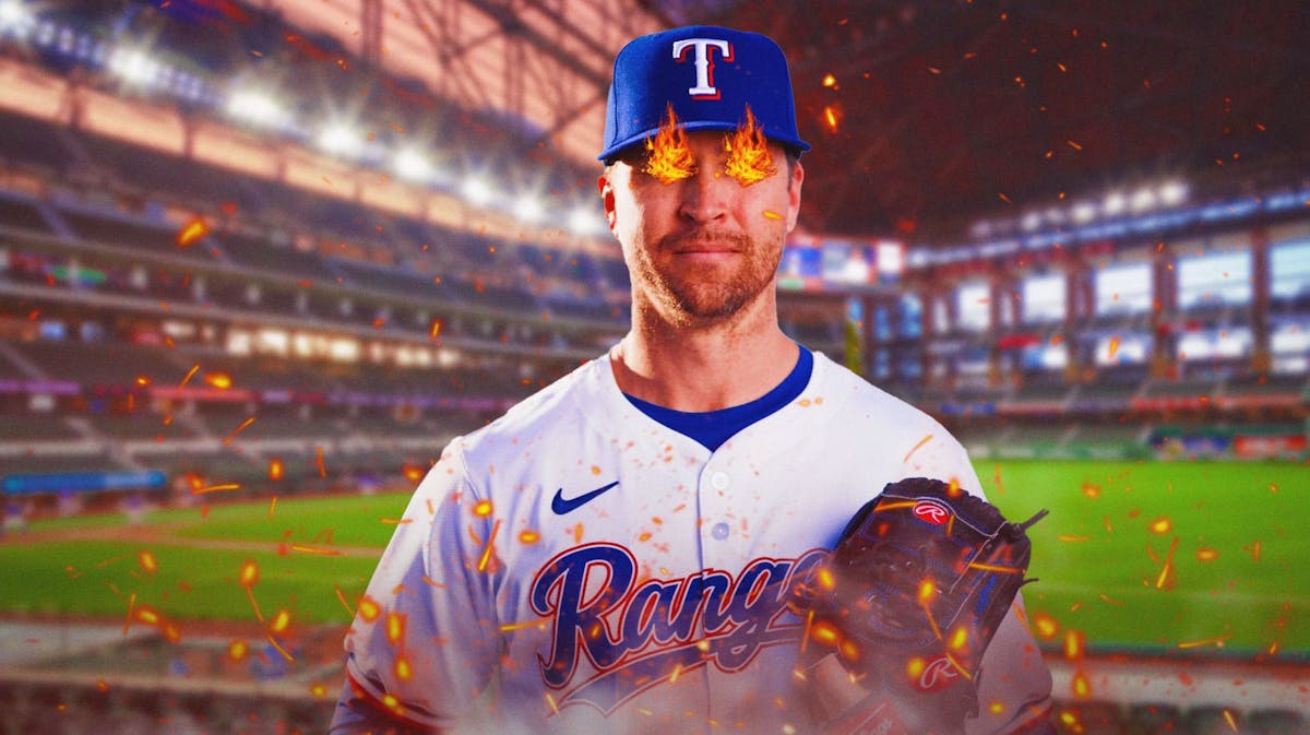 Rangers Jacob deGrom with fire in his eyes in front. In background, place Globe Life Field.