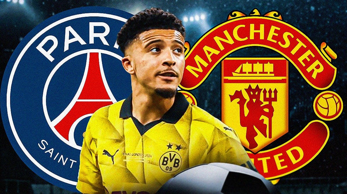 Jadon Sancho in front of the PSG and Manchester United logos