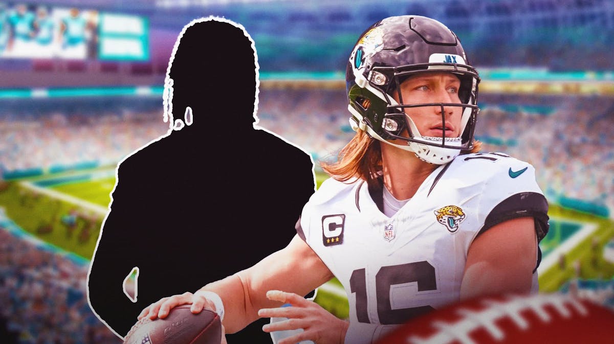 Trevor Lawrence next to the blacked-out silhouette of Brian Thomas Jr. with the Jaguars stadium as the background.