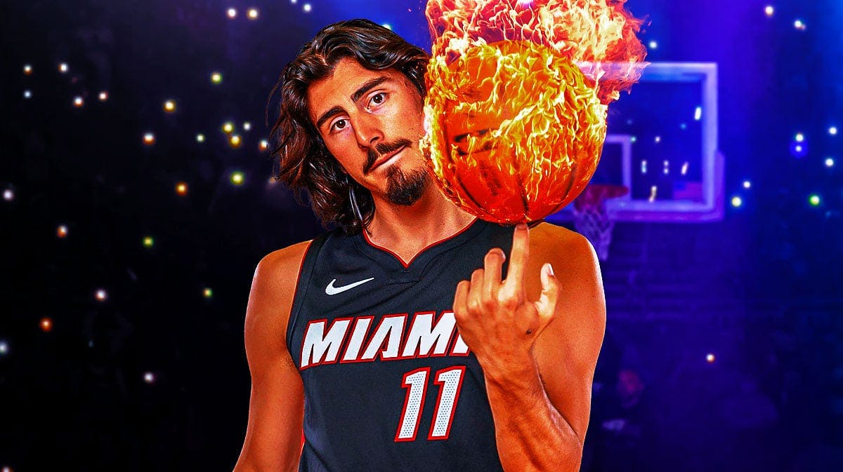 Miami Heat star Jaime Jaquez Jr. in front of Kaseya Center.