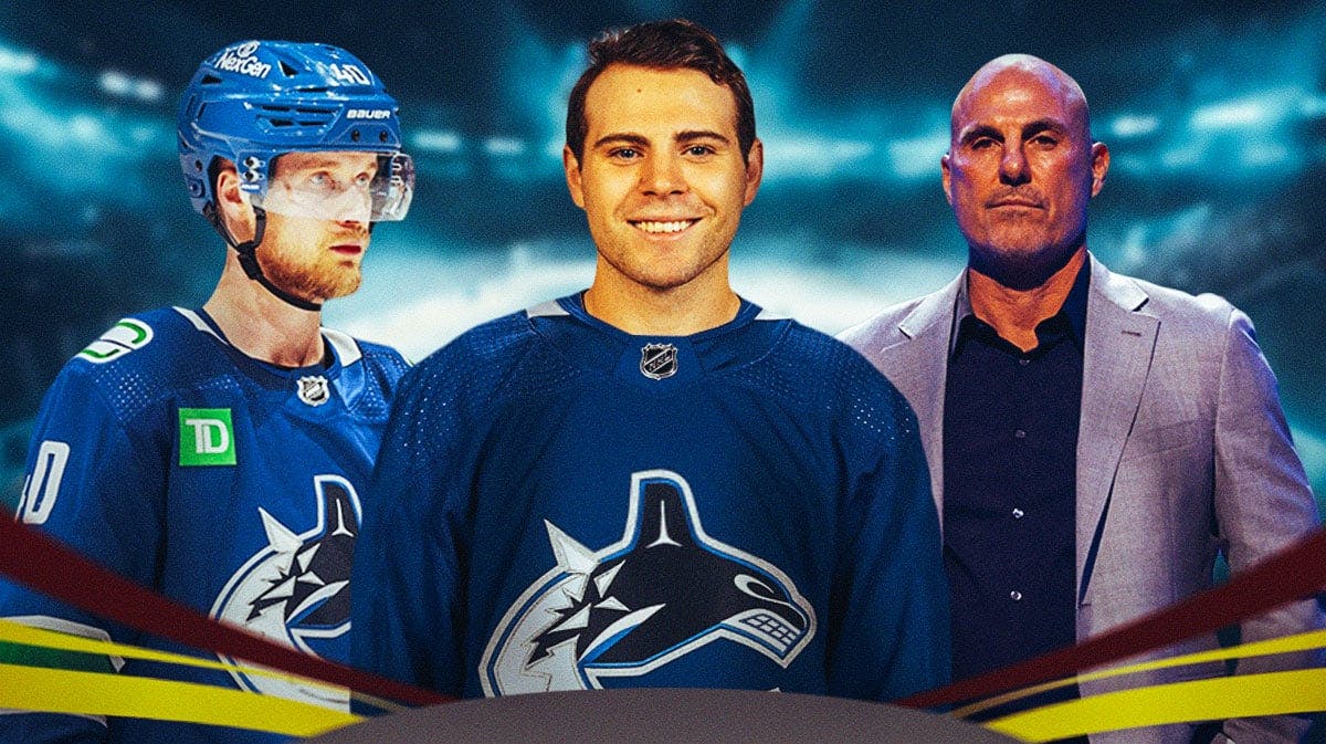 Jake Debrusk in a Canucks uniform in the foreground with Elias Pettersson and Rick Tocchet in the background. Canucks logo and ice rink are also in the background.