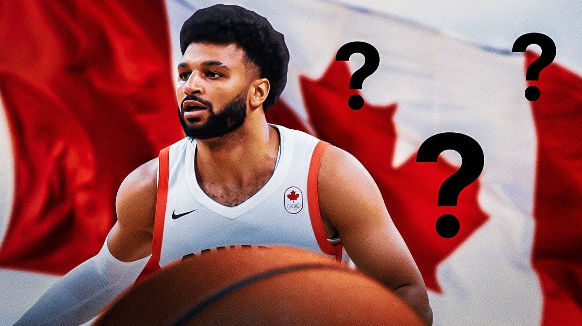 Jamal Murray in a 2024 Team Canada jersey on left. Place a question mark on right.