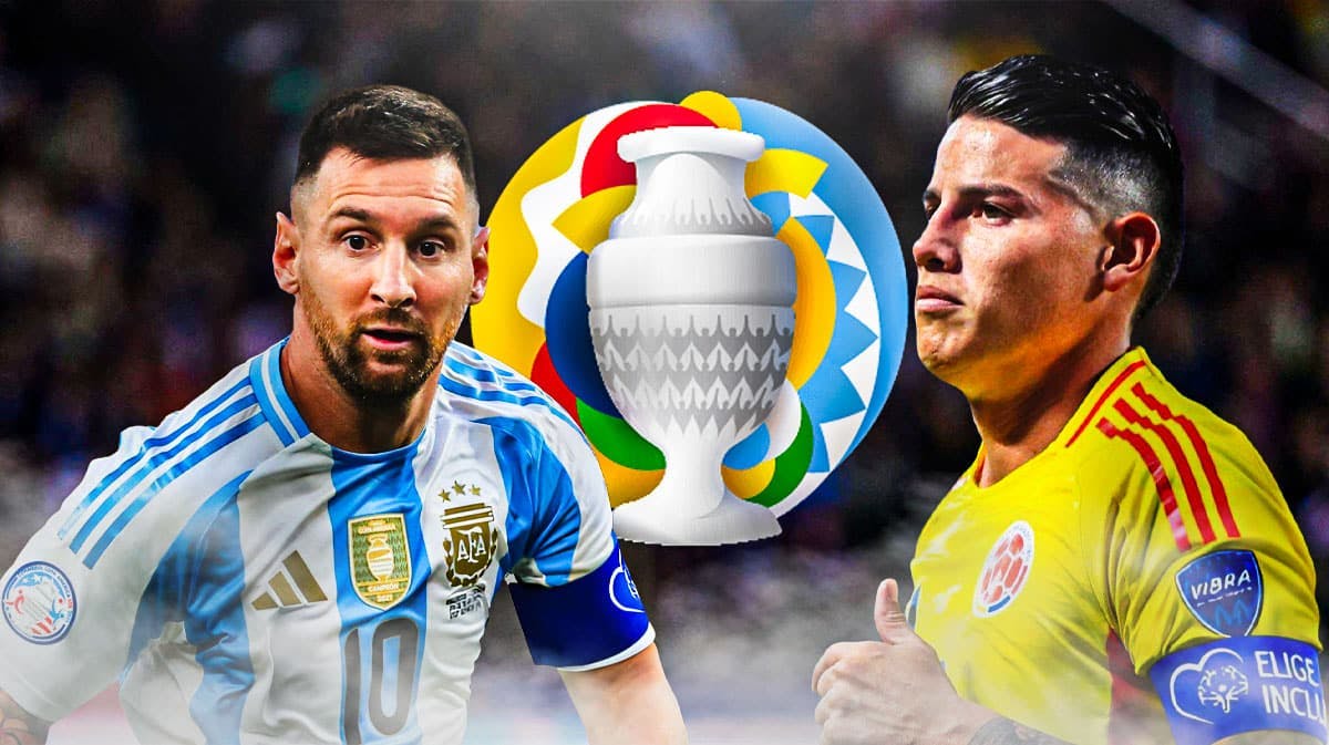 James Rodriguez and Lionel Messi in front of the Copa America logo