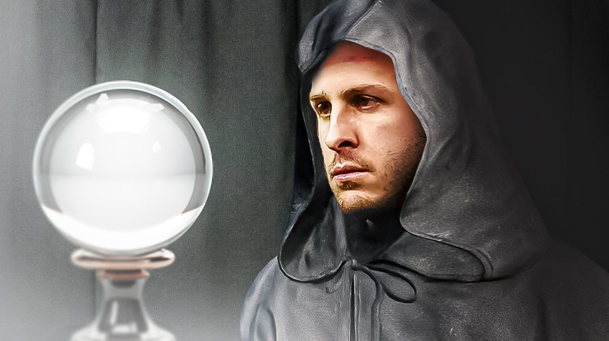 Image: Jared Goff wearing psychic outfit behind crystal ball with amaon ra in it