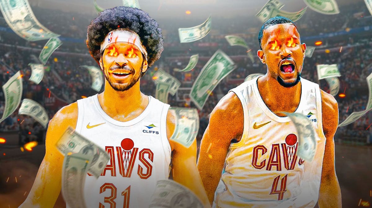 Jarrett Allen and Evan Mobley both with fire in their eyes, money raining down around them and a Cavs-colored background.