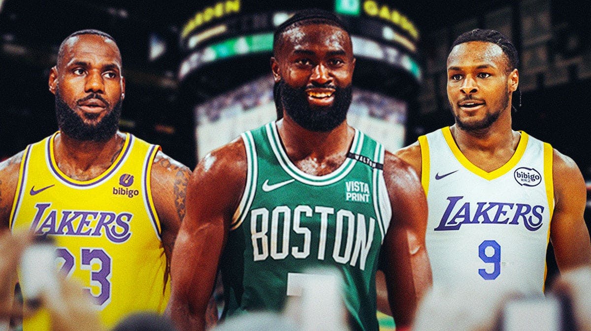 Los Angeles Lakers player LeBron James, Boston Celtics player Jaylen Brown, and Lakers rookie Bronny James