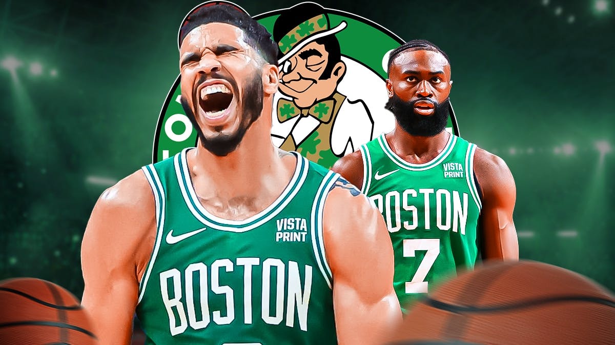 Celtics' Jayson Taum stands next to Jaylon brown, NBA Finals logo in background