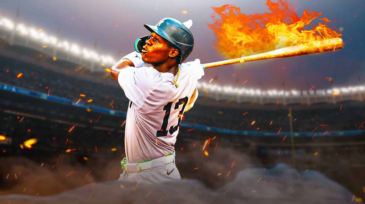 Yankees Jazz Chisholm Jr. swinging a baseball bat with fire coming off the bat.
