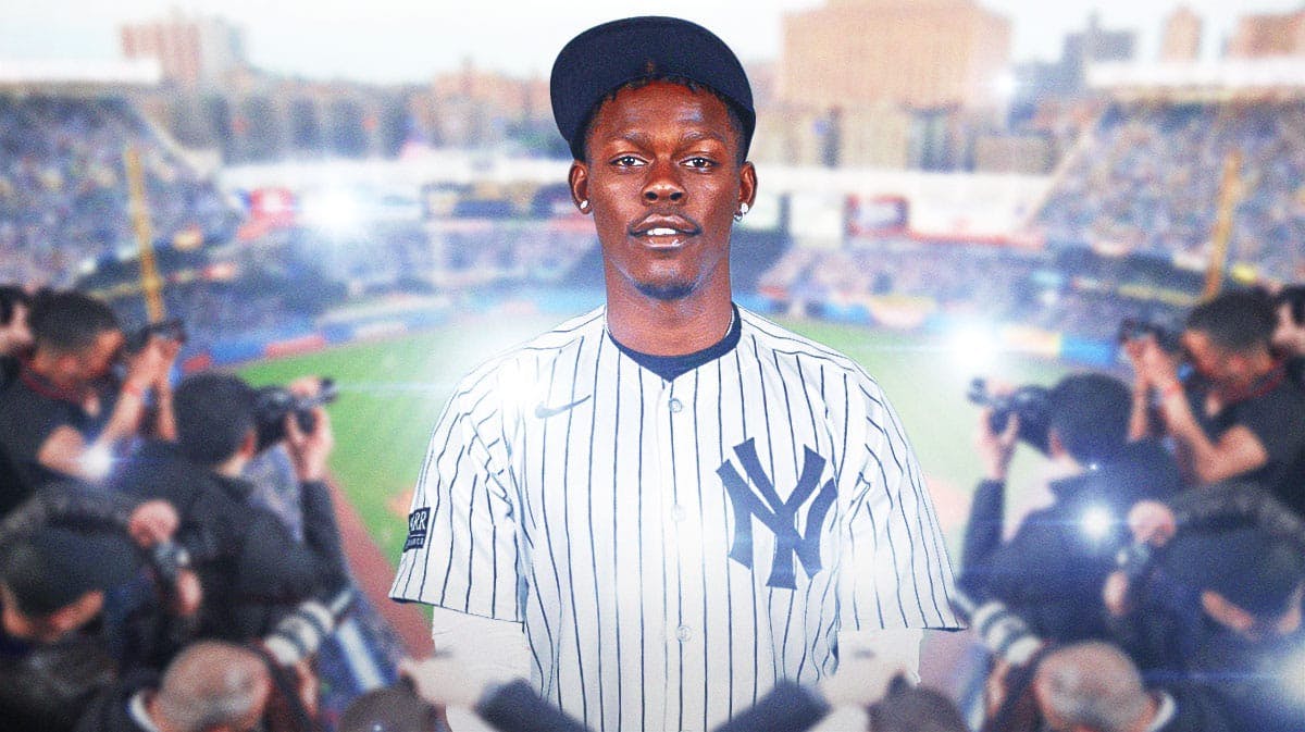 Marlins' Jazz Chisholm Jr. in a Yankees uniform, with Yankee Stadium as the background, with flashing cameras towards Chisolm