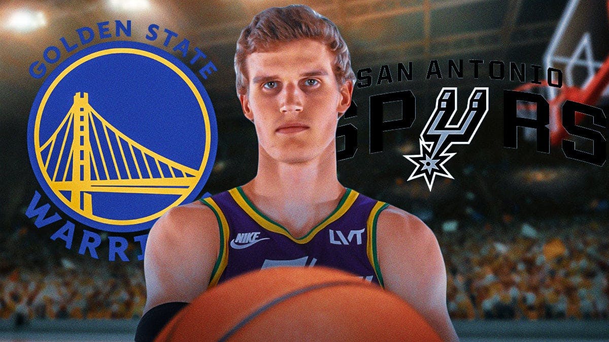 Jazz's Lauri Markkanen in front of the Warriors and Spurs logos