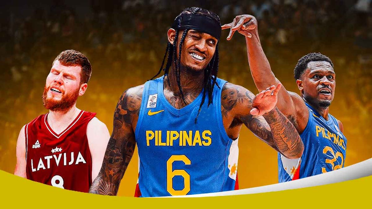 Jazz's Jordan Clarkson hyped up in the middle while wearing the Philippines jersey, with Latvia's Davis Bertans looking dejected on the left and Philippines' Justin Brownlee celebrating on the right