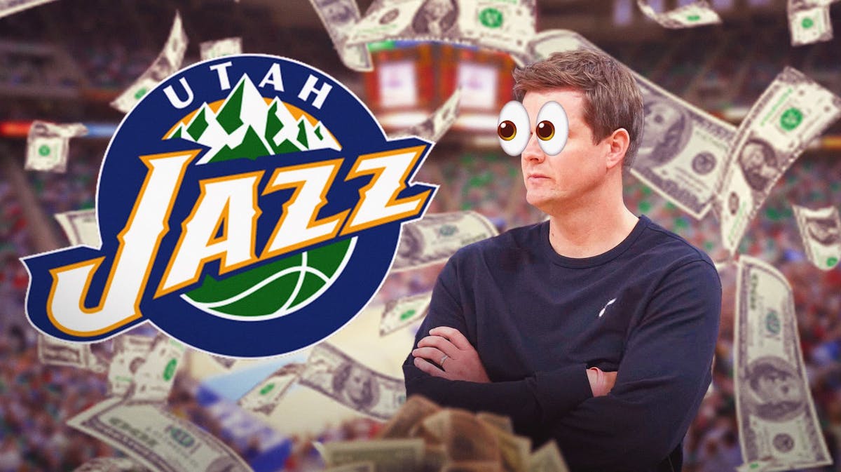 Jazz Will Hardy with emoji eyes looking at the Jazz logo surrounded by money