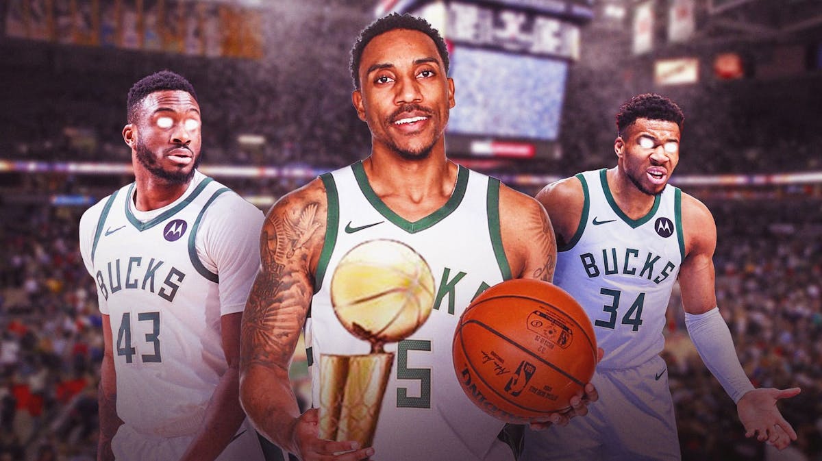 Bucks' Jeff Teague smiling while holding the 2021 NBA championship in the middle, with Giannis Antetokounmpo and Thanasis Antetokounmpo using telekinesis with each other to Teague's left and right, respectively