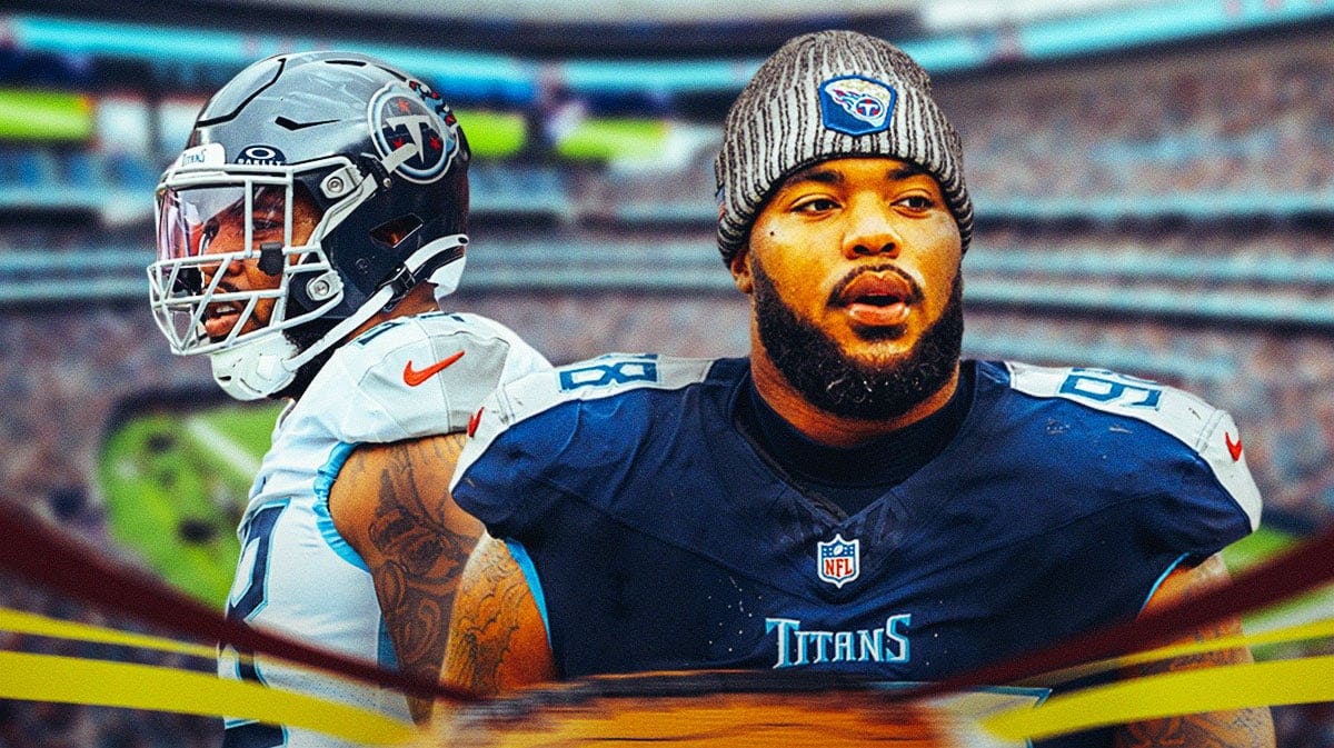 Jeffery Simmons, Titans, Buck Reising, Jeffery Simmons reporter, Jeffery Simmons Buck Reising, Jeffery Simmons with Titans stadium in the background