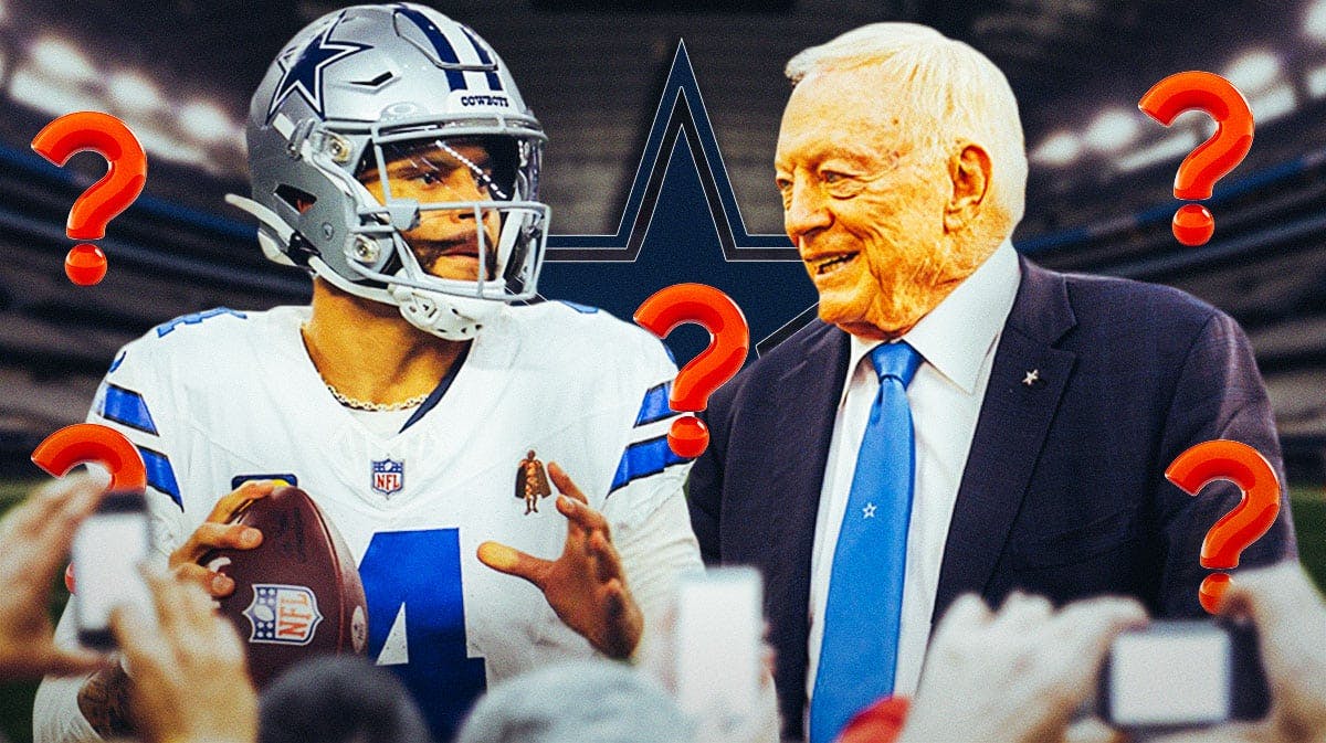 Dallas Cowboys owner Jerry Jones with QB Dak Prescott. They are both surrounded by question mark emojis. There is also a logo for the Dallas Cowboys.