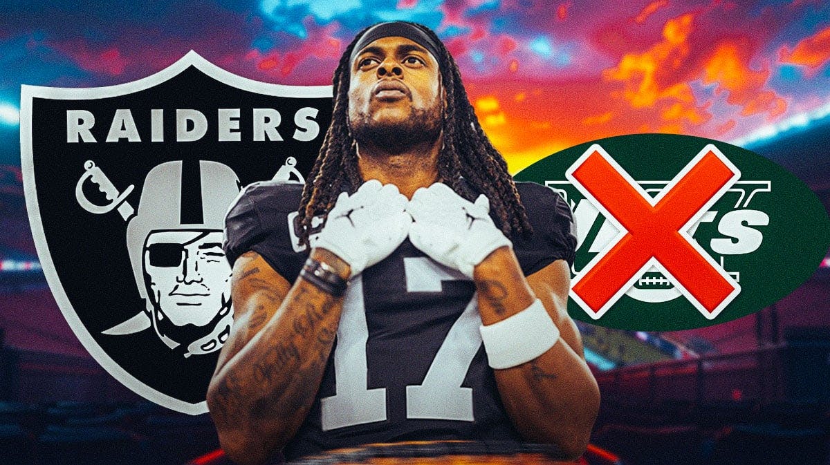 Davante Adams in front of the Raiders and Jets logos with an X over it