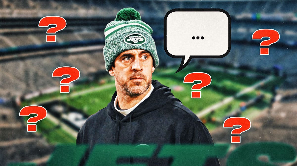 New York Jets QB Aaron Rodgers with a speech bubble with the three dots emoji inside. He is also surrounded by red question mark emojis. There is also a logo for the New York Jets.
