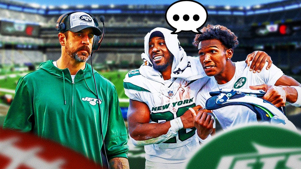 New York Jets QB Aaron Rodgers with running back Breece Hall and wide receiver Garrett Wilson. Hall and Wilson have a joint speech bubble with the three dots emoji inside. There is also a logo for the New York Jets.