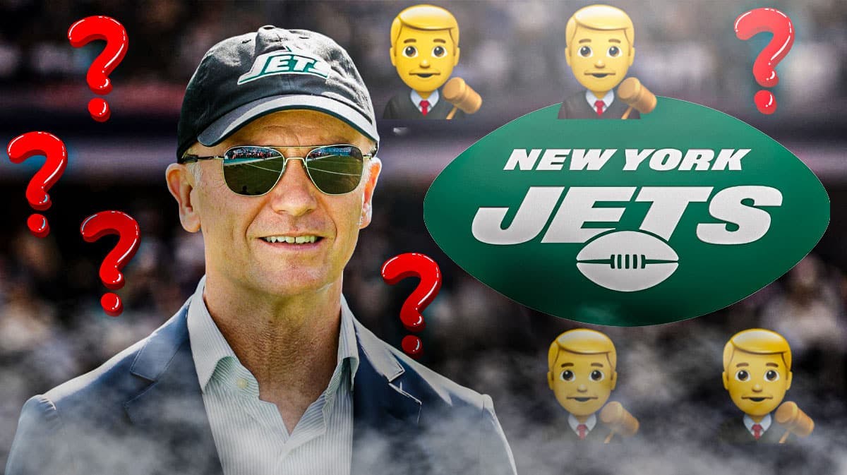 New York Jets owner Woody Johnson next to a big logo for the New York Jets. They are surrounded by gavel emojis and question mark emojis.