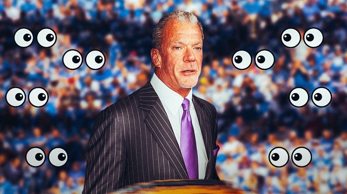 Jim Irsay on one side, a bunch of Indianapolis Colts fans on the other side with the big eyes emoji over their faces