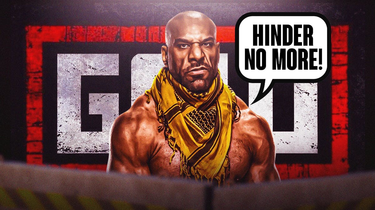 Jinder Mahal with a text bubble reading "Hinder No More!" with the GCW logo as the background.