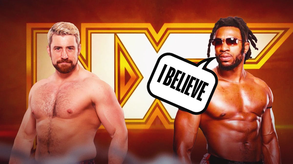 Joe Hendry next to Trick Williams with a text bubble reading "I believe" in a wrestling ring with the NXT logo as the background.