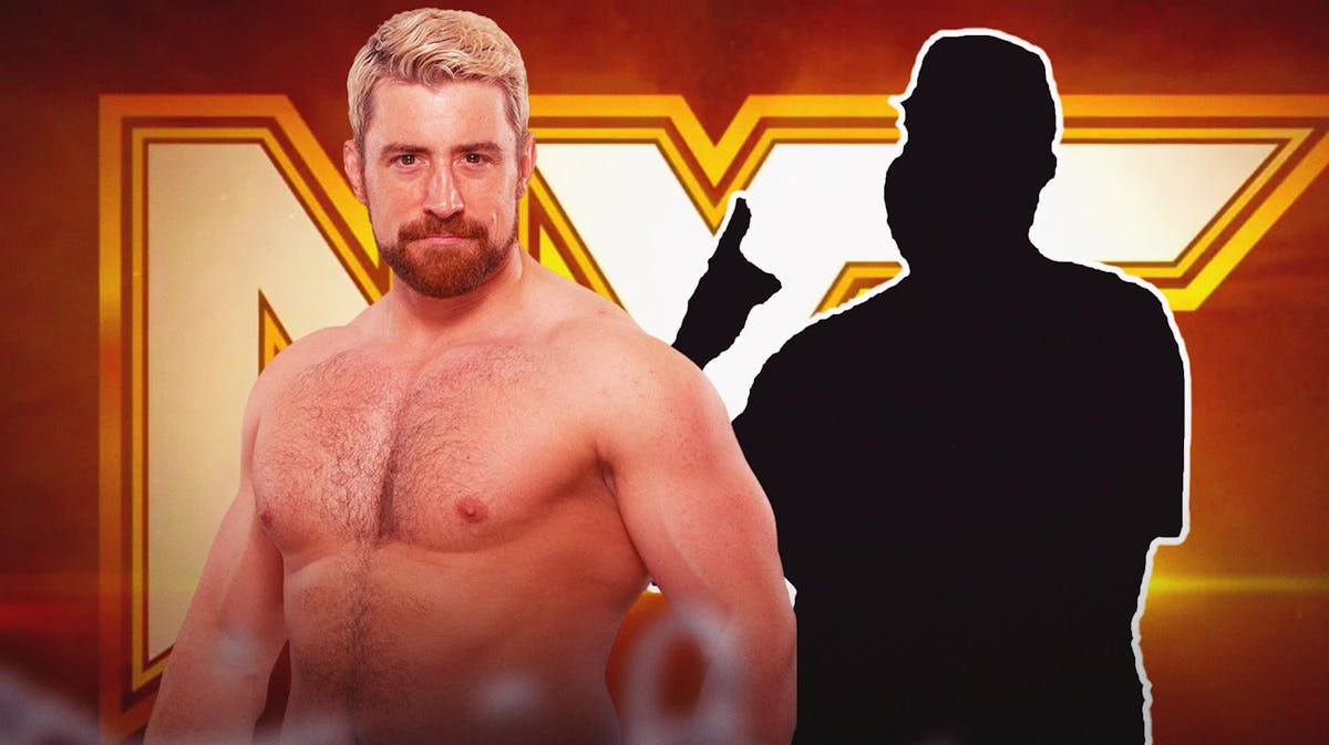 Joe Hendry next to the blacked-out silhouette of AJ Francis with the NXT logo as the background.