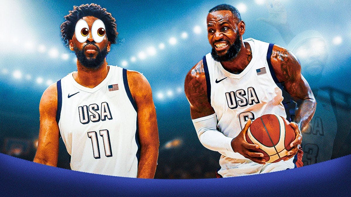 Joel Embiid and LeBron James both wearing Team USA uniforms. Have Embiid with his eyes popping out looking at LeBron.