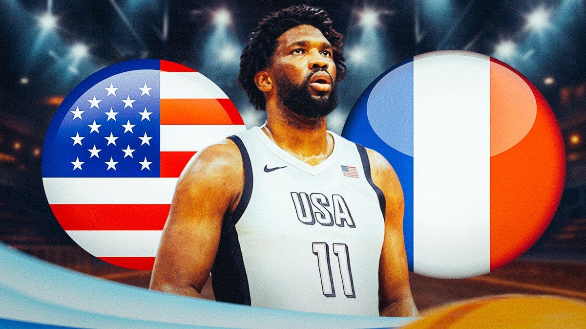 Philadelphia 76ers player Joel Embiid with the flags of the United States and France