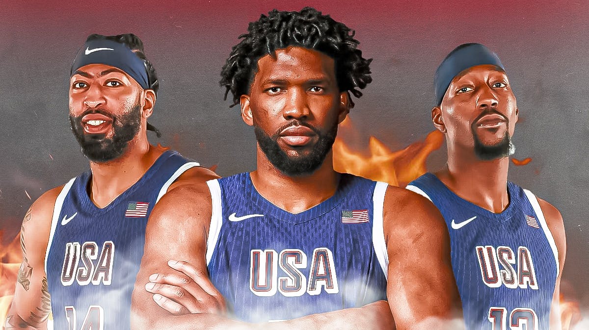 Team USA stars Joel Embiid, Anthony Davis, and Bam Adebayo standing next to each other.