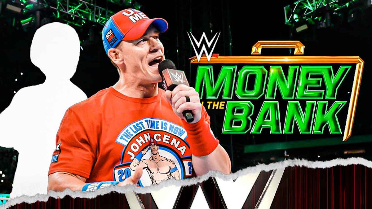 John Cena next to the blacked-out silhouette of Bayley with the Money in the Bank logo as the background.