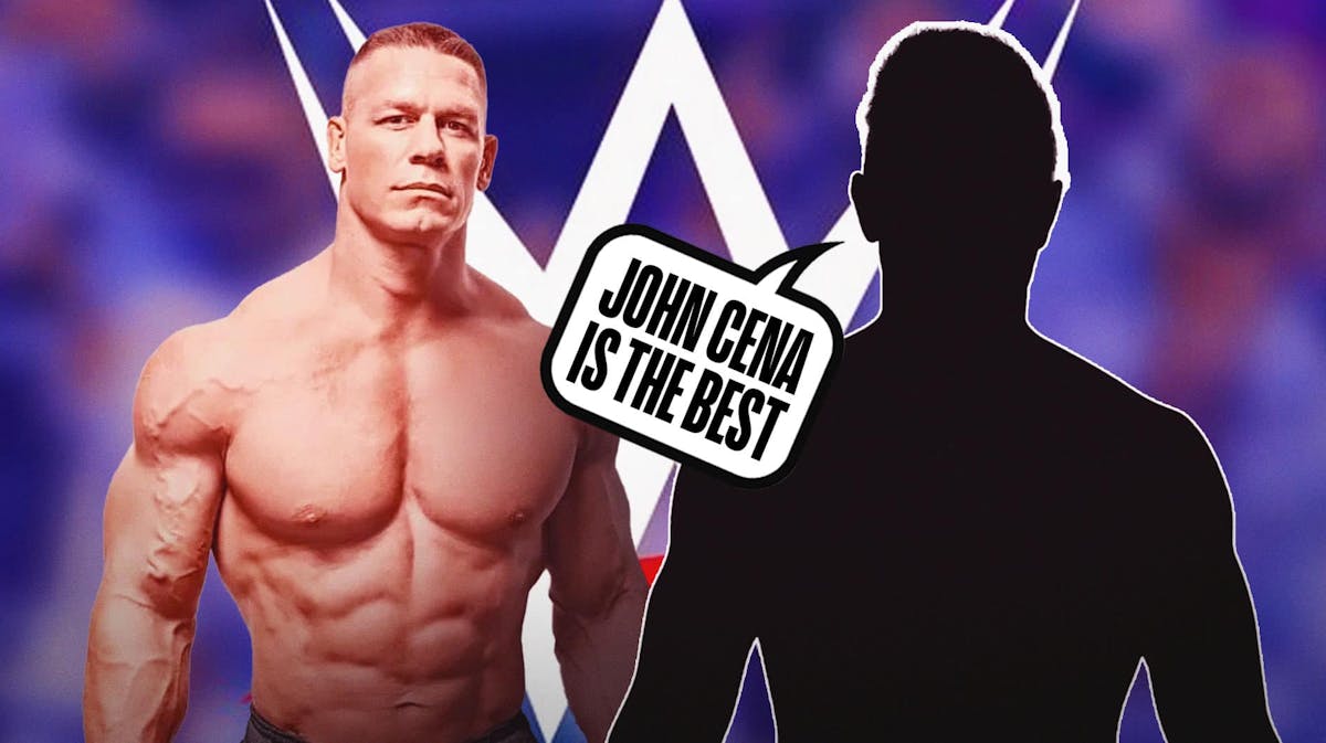 John Cena next to the blacked-out silhouette of The Miz with a text bubble reading "John Cena is the best" with the WWE logo as the background.