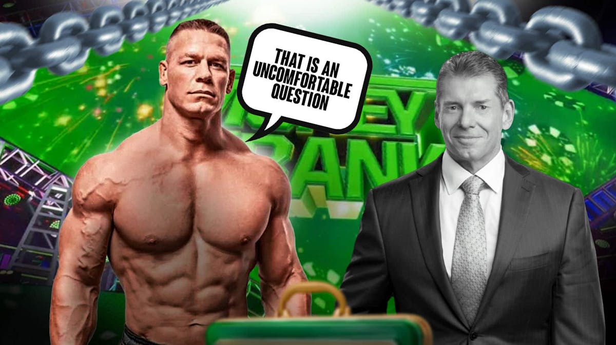 John Cena with a text bubble reading "That is an uncomfortable question" next to the grayed-out silhouette of Vince McMahon with the Money in the Bank logo as the background.